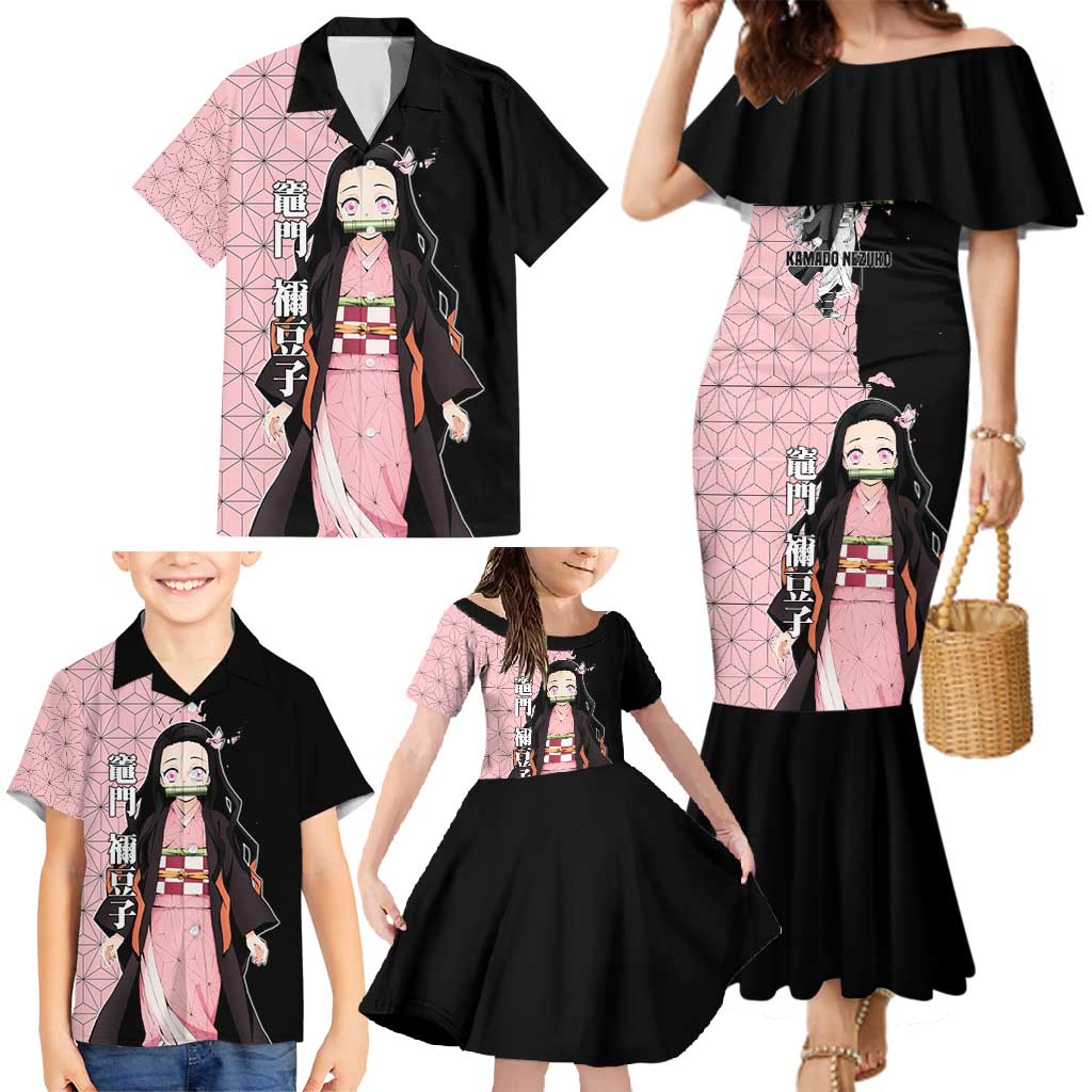 Nezuko Kamado from Demon Slayer Family Matching Mermaid Dress and Hawaiian Shirt with Pink Pattern Kimono and Demon Form Flames Design - The Mazicc