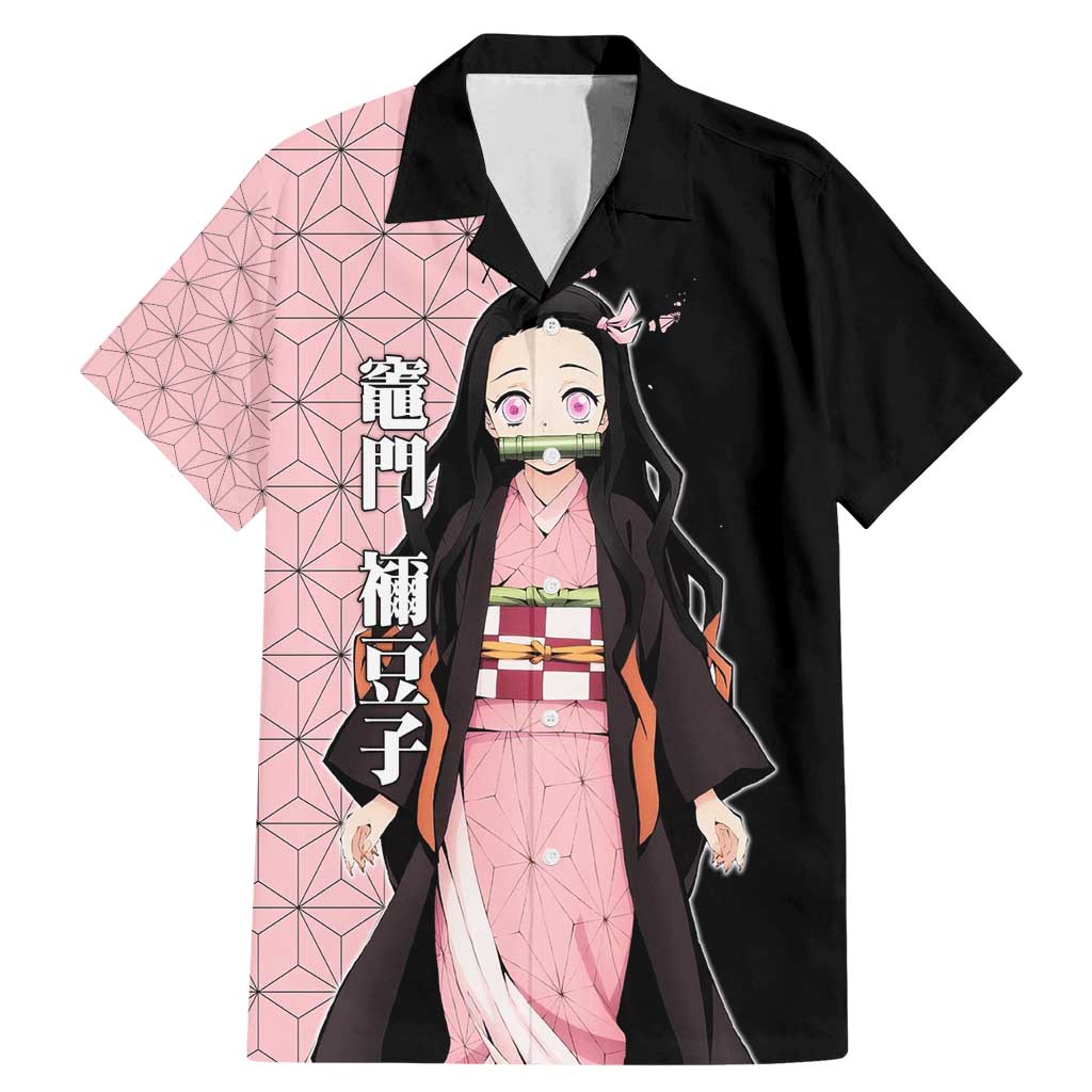 Nezuko Kamado from Demon Slayer Family Matching Mermaid Dress and Hawaiian Shirt with Pink Pattern Kimono and Demon Form Flames Design - The Mazicc