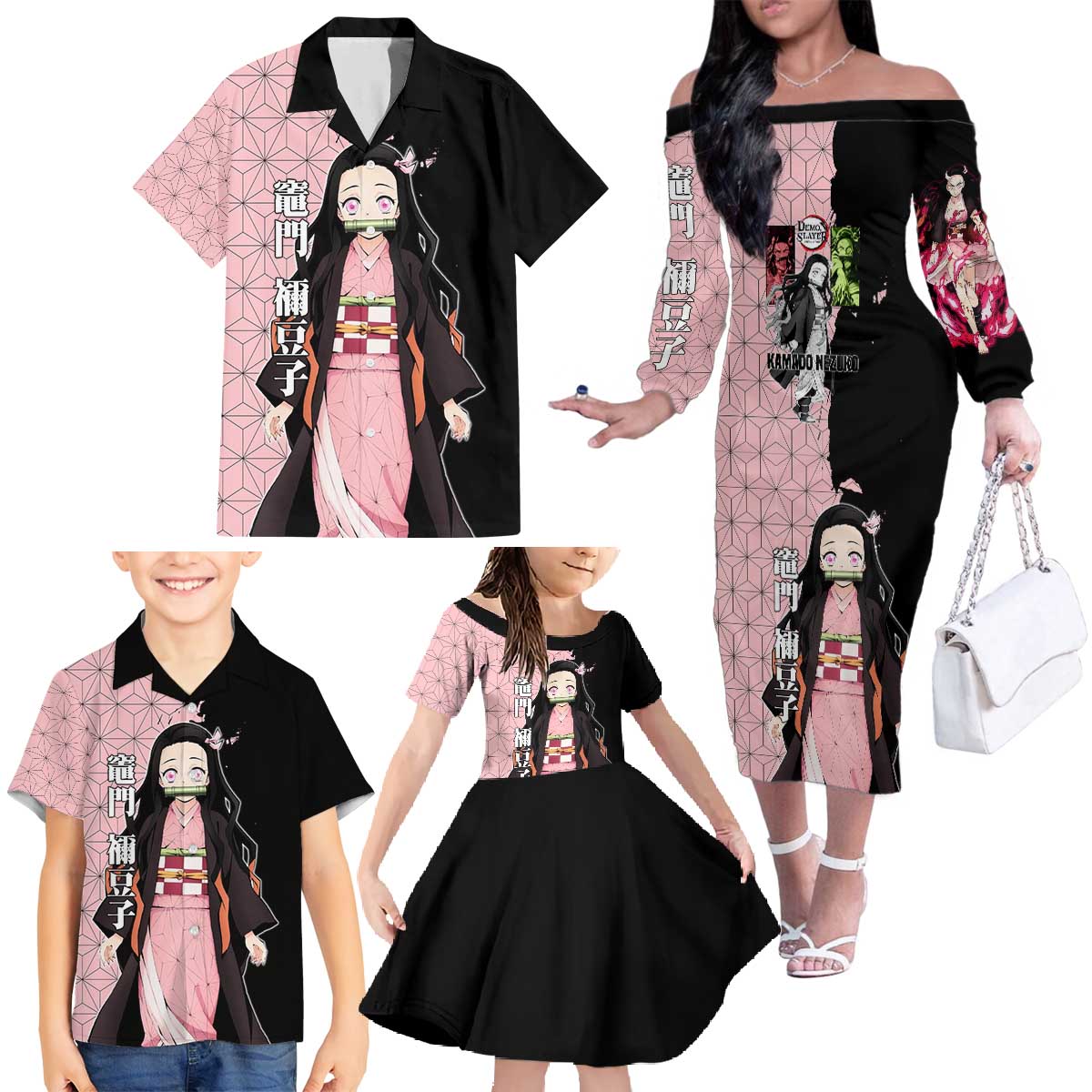 Nezuko Kamado from Demon Slayer Family Matching Off The Shoulder Long Sleeve Dress and Hawaiian Shirt with Pink Pattern Kimono and Demon Form Flames Design - The Mazicc
