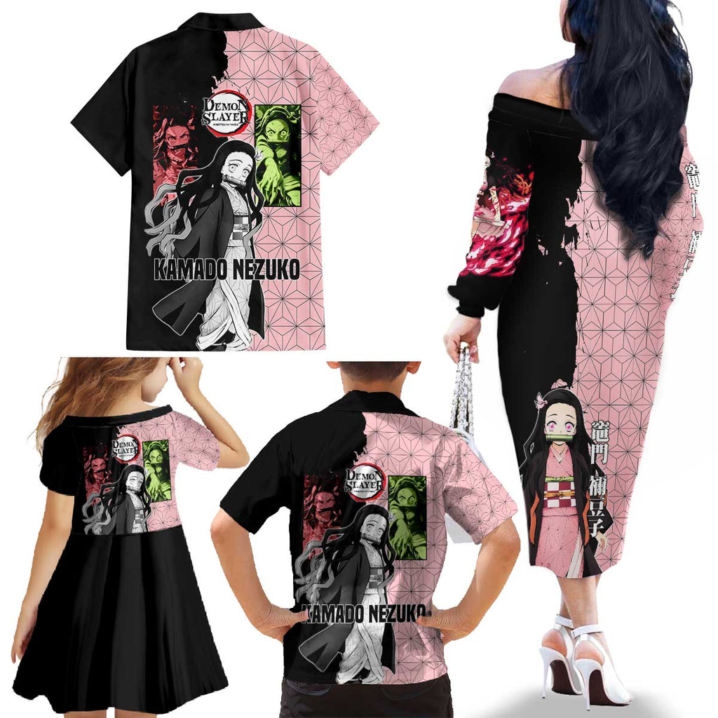 Nezuko Kamado from Demon Slayer Family Matching Off The Shoulder Long Sleeve Dress and Hawaiian Shirt with Pink Pattern Kimono and Demon Form Flames Design - The Mazicc