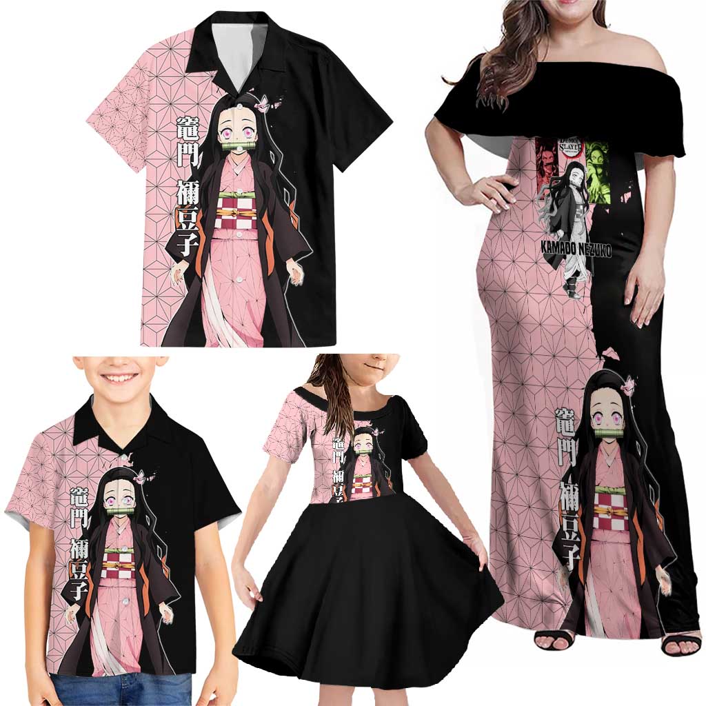 Nezuko Kamado from Demon Slayer Family Matching Off Shoulder Maxi Dress and Hawaiian Shirt with Pink Pattern Kimono and Demon Form Flames Design - The Mazicc
