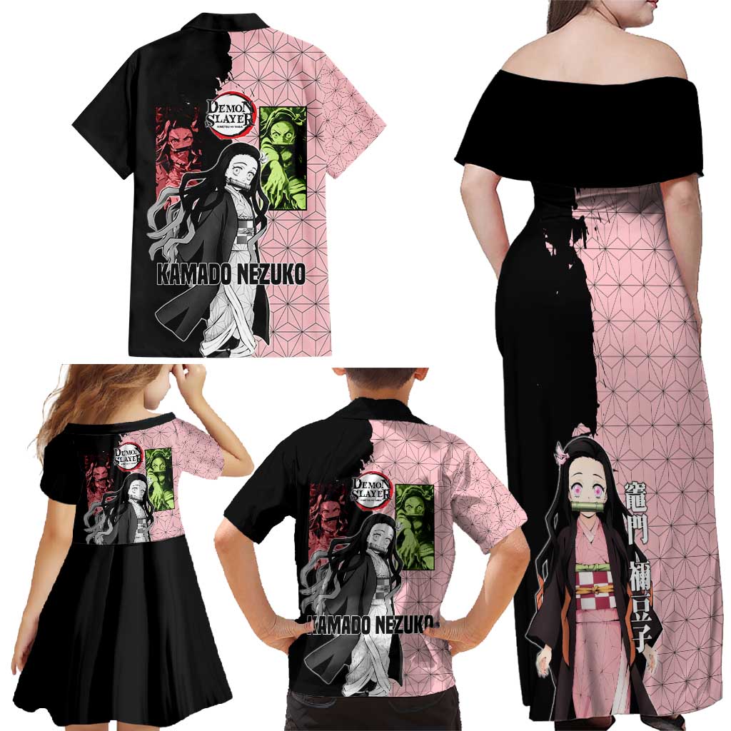 Nezuko Kamado from Demon Slayer Family Matching Off Shoulder Maxi Dress and Hawaiian Shirt with Pink Pattern Kimono and Demon Form Flames Design - The Mazicc