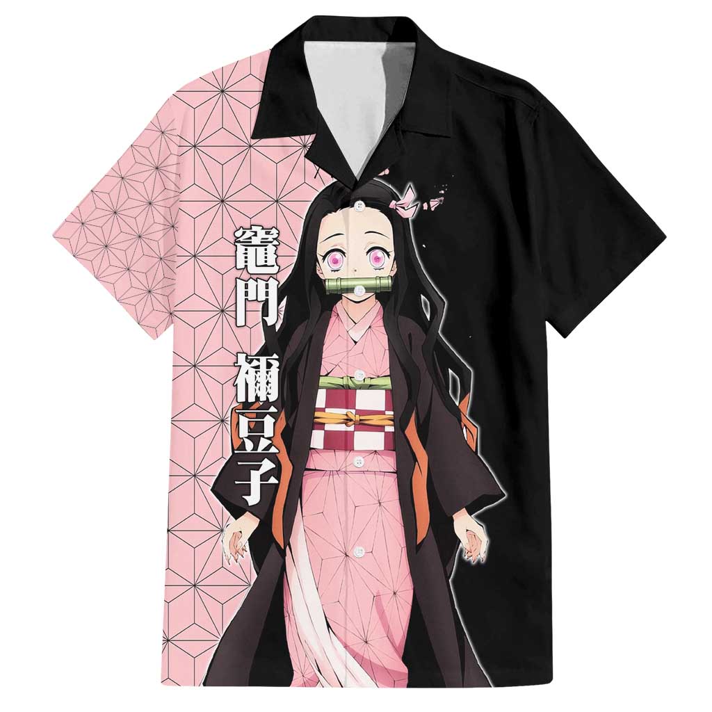 Nezuko Kamado from Demon Slayer Family Matching Off Shoulder Maxi Dress and Hawaiian Shirt with Pink Pattern Kimono and Demon Form Flames Design - The Mazicc