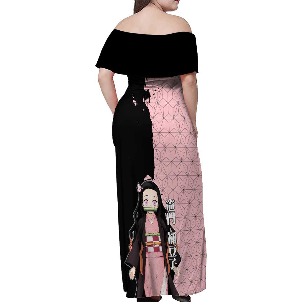 Nezuko Kamado from Demon Slayer Family Matching Off Shoulder Maxi Dress and Hawaiian Shirt with Pink Pattern Kimono and Demon Form Flames Design - The Mazicc