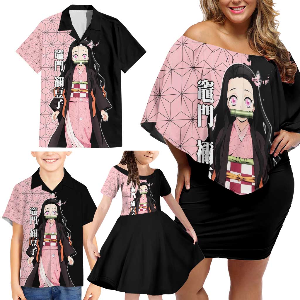Nezuko Kamado from Demon Slayer Family Matching Off Shoulder Short Dress and Hawaiian Shirt with Pink Pattern Kimono and Demon Form Flames Design - The Mazicc