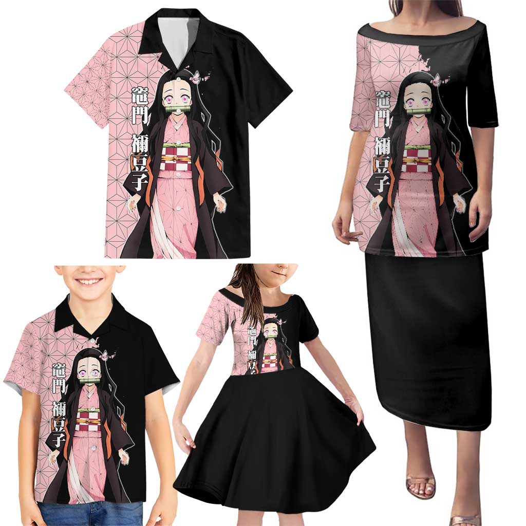 Nezuko Kamado from Demon Slayer Family Matching Puletasi and Hawaiian Shirt with Pink Pattern Kimono and Demon Form Flames Design - The Mazicc