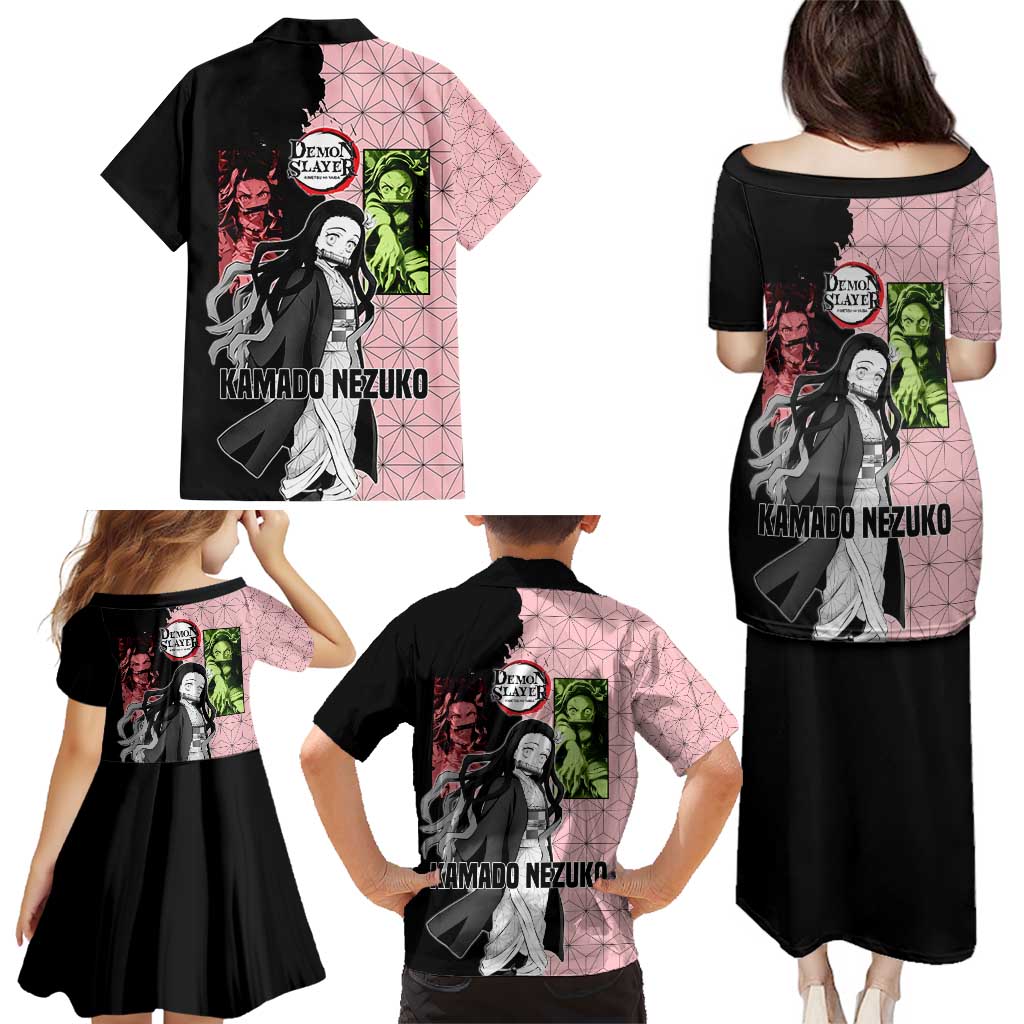 Nezuko Kamado from Demon Slayer Family Matching Puletasi and Hawaiian Shirt with Pink Pattern Kimono and Demon Form Flames Design - The Mazicc