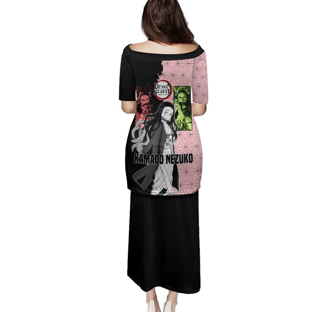 Nezuko Kamado from Demon Slayer Family Matching Puletasi and Hawaiian Shirt with Pink Pattern Kimono and Demon Form Flames Design - The Mazicc