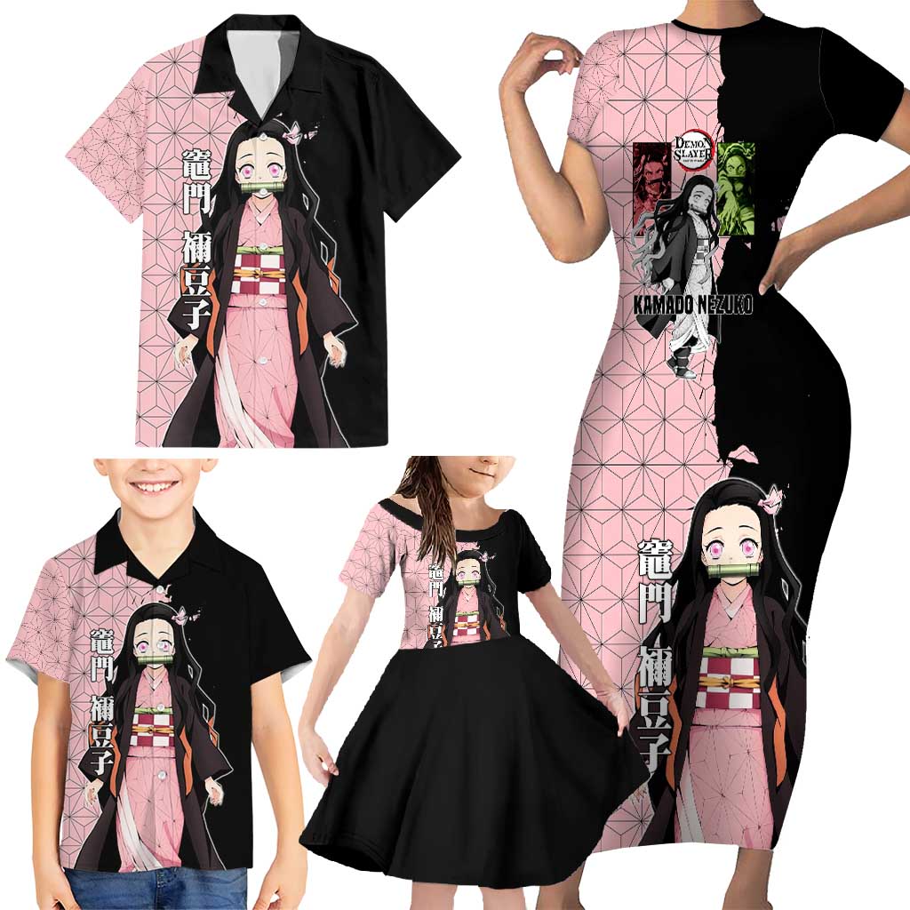 Nezuko Kamado from Demon Slayer Family Matching Short Sleeve Bodycon Dress and Hawaiian Shirt with Pink Pattern Kimono and Demon Form Flames Design - The Mazicc
