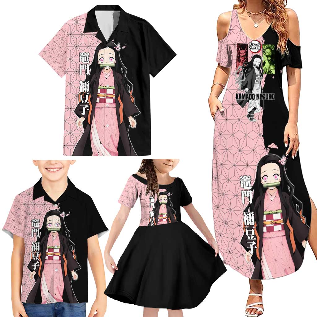 Nezuko Kamado from Demon Slayer Family Matching Summer Maxi Dress and Hawaiian Shirt with Pink Pattern Kimono and Demon Form Flames Design - The Mazicc