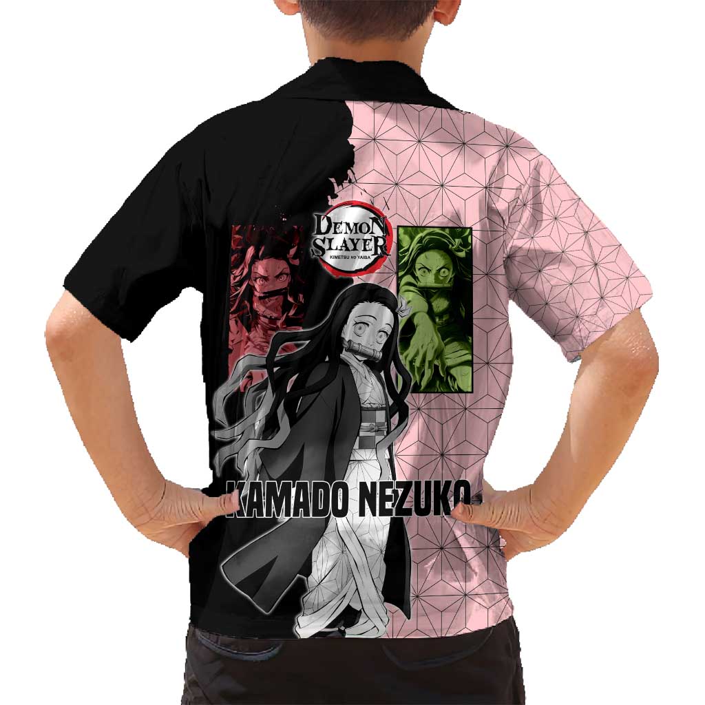 Nezuko Kamado from Demon Slayer Family Matching Summer Maxi Dress and Hawaiian Shirt with Pink Pattern Kimono and Demon Form Flames Design - The Mazicc