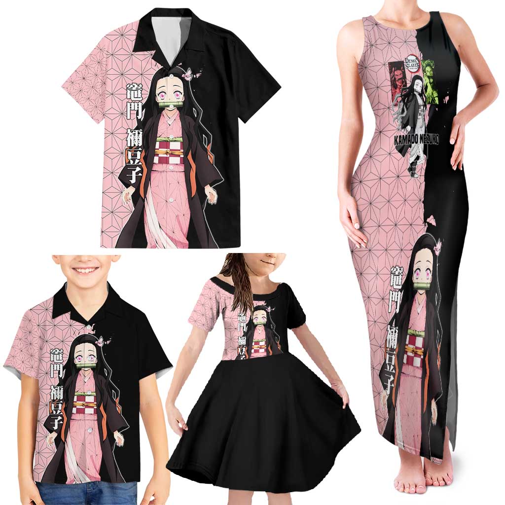 Nezuko Kamado from Demon Slayer Family Matching Tank Maxi Dress and Hawaiian Shirt with Pink Pattern Kimono and Demon Form Flames Design - The Mazicc