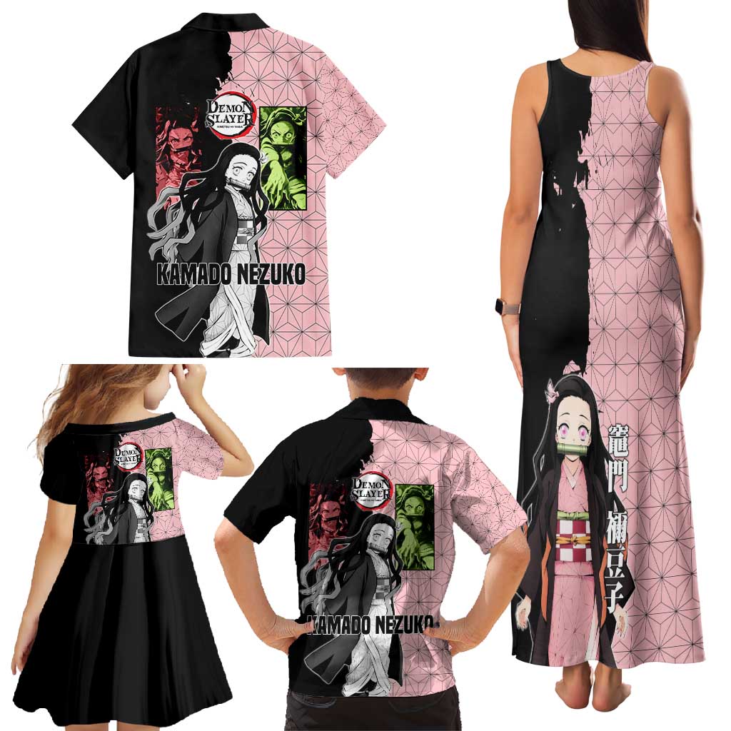 Nezuko Kamado from Demon Slayer Family Matching Tank Maxi Dress and Hawaiian Shirt with Pink Pattern Kimono and Demon Form Flames Design - The Mazicc
