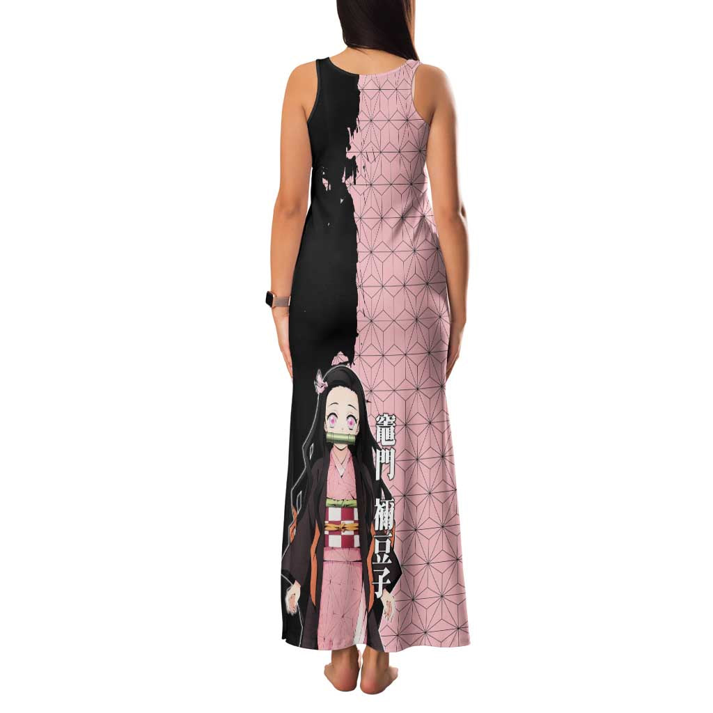 Nezuko Kamado from Demon Slayer Family Matching Tank Maxi Dress and Hawaiian Shirt with Pink Pattern Kimono and Demon Form Flames Design - The Mazicc