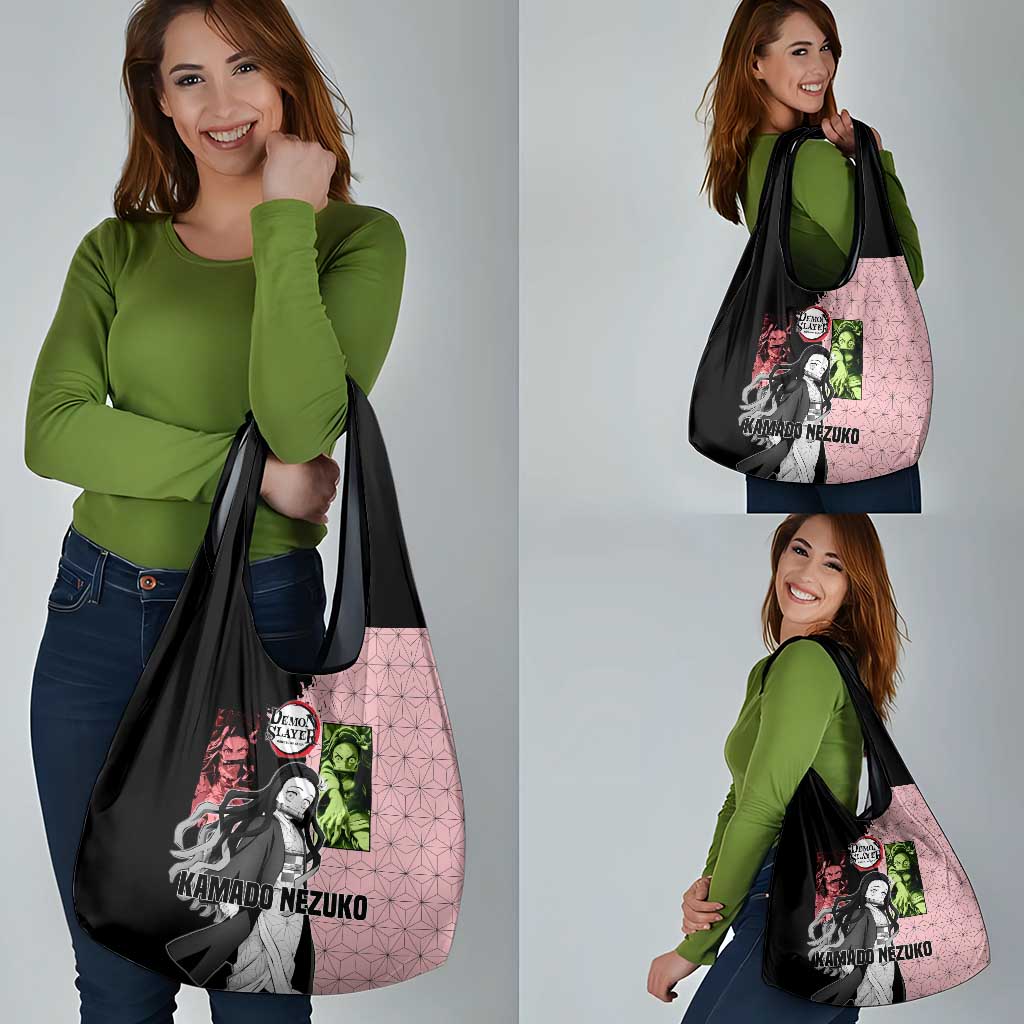 Nezuko Kamado from Demon Slayer Grocery Bag with Pink Pattern Kimono and Demon Form Flames Design - The Mazicc