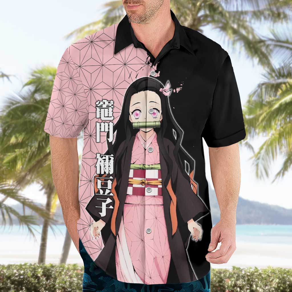 Nezuko Kamado from Demon Slayer Hawaiian Shirt with Pink Pattern Kimono and Demon Form Flames Design - The Mazicc