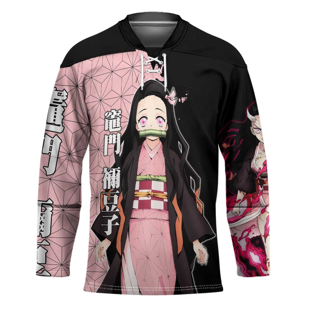 Nezuko Kamado from Demon Slayer Hockey Jersey with Pink Pattern Kimono and Demon Form Flames Design - The Mazicc