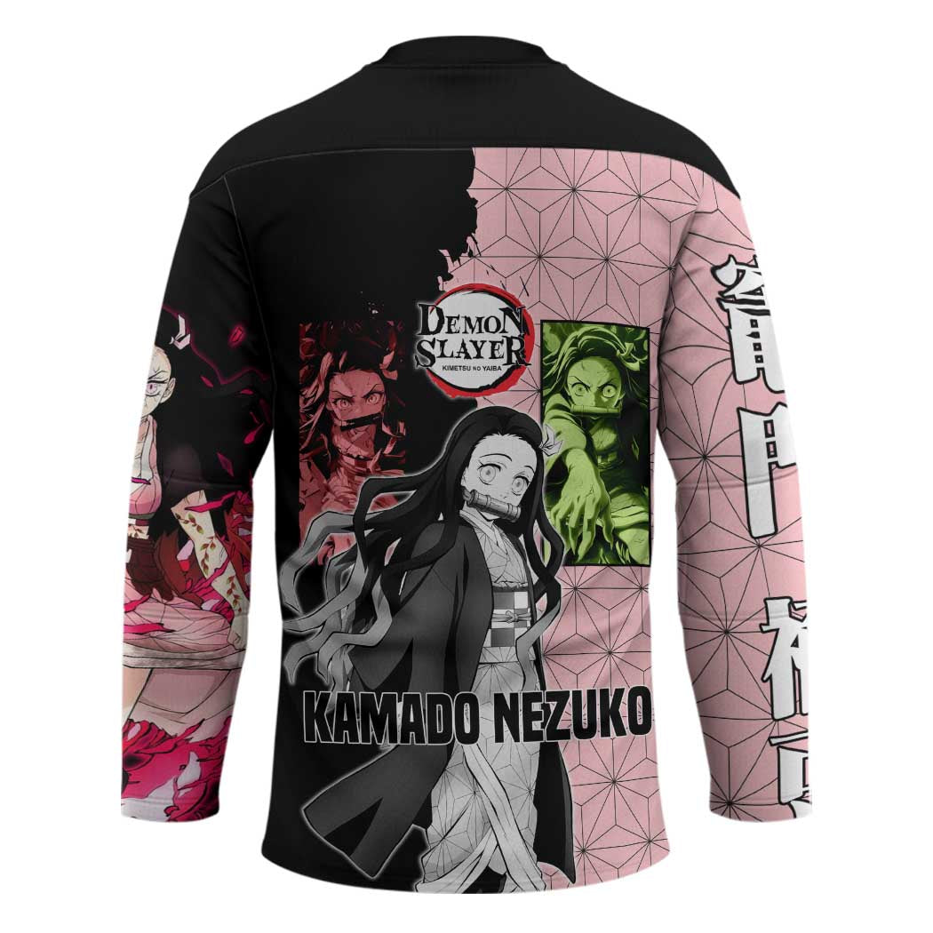 Nezuko Kamado from Demon Slayer Hockey Jersey with Pink Pattern Kimono and Demon Form Flames Design - The Mazicc