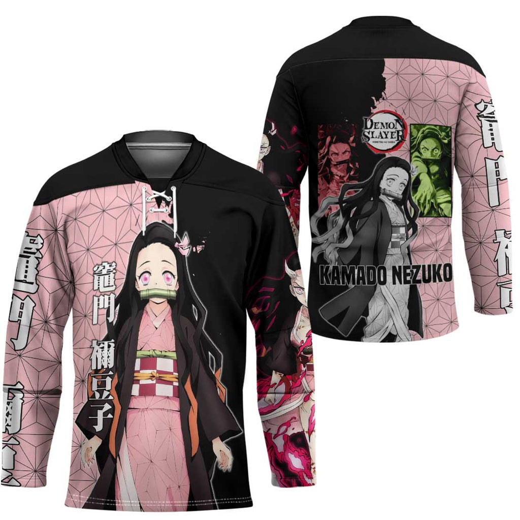 Nezuko Kamado from Demon Slayer Hockey Jersey with Pink Pattern Kimono and Demon Form Flames Design - The Mazicc