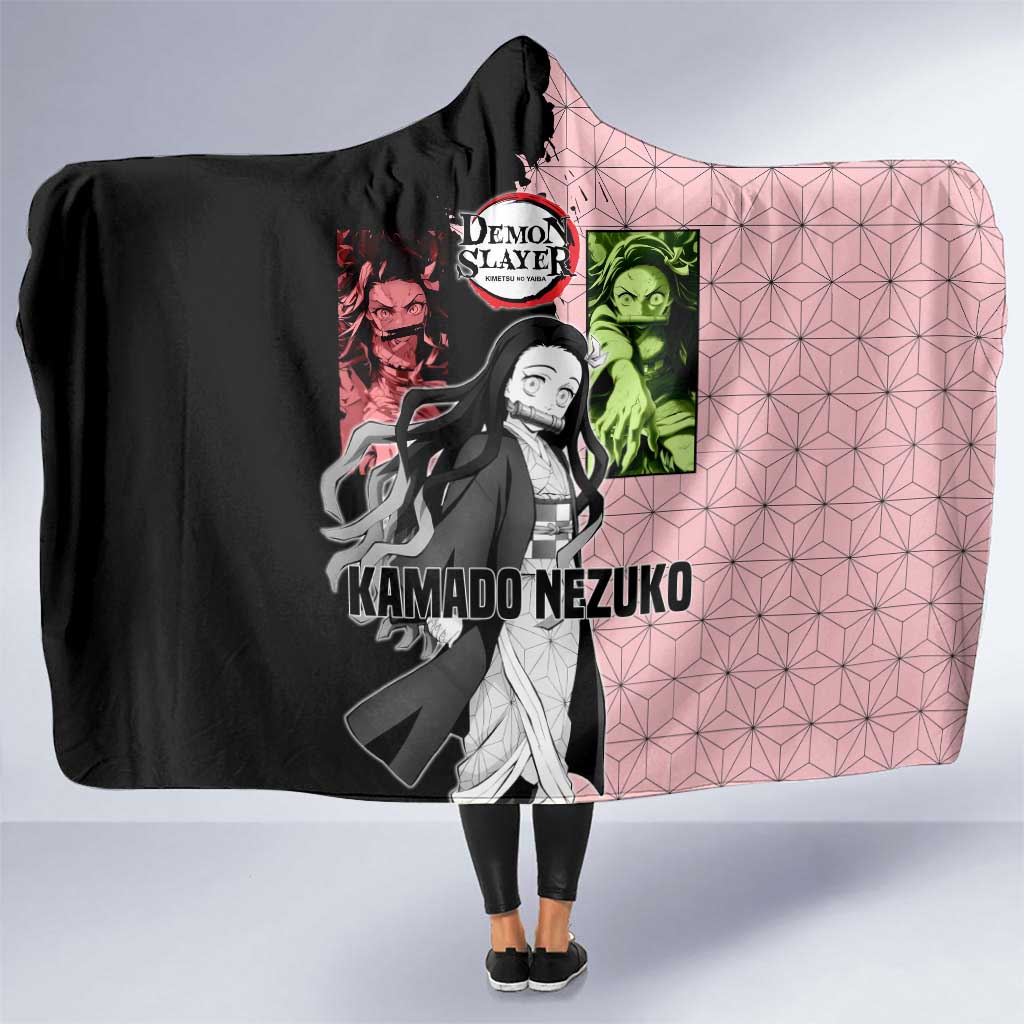Nezuko Kamado from Demon Slayer Hooded Blanket with Pink Pattern Kimono and Demon Form Flames Design - The Mazicc