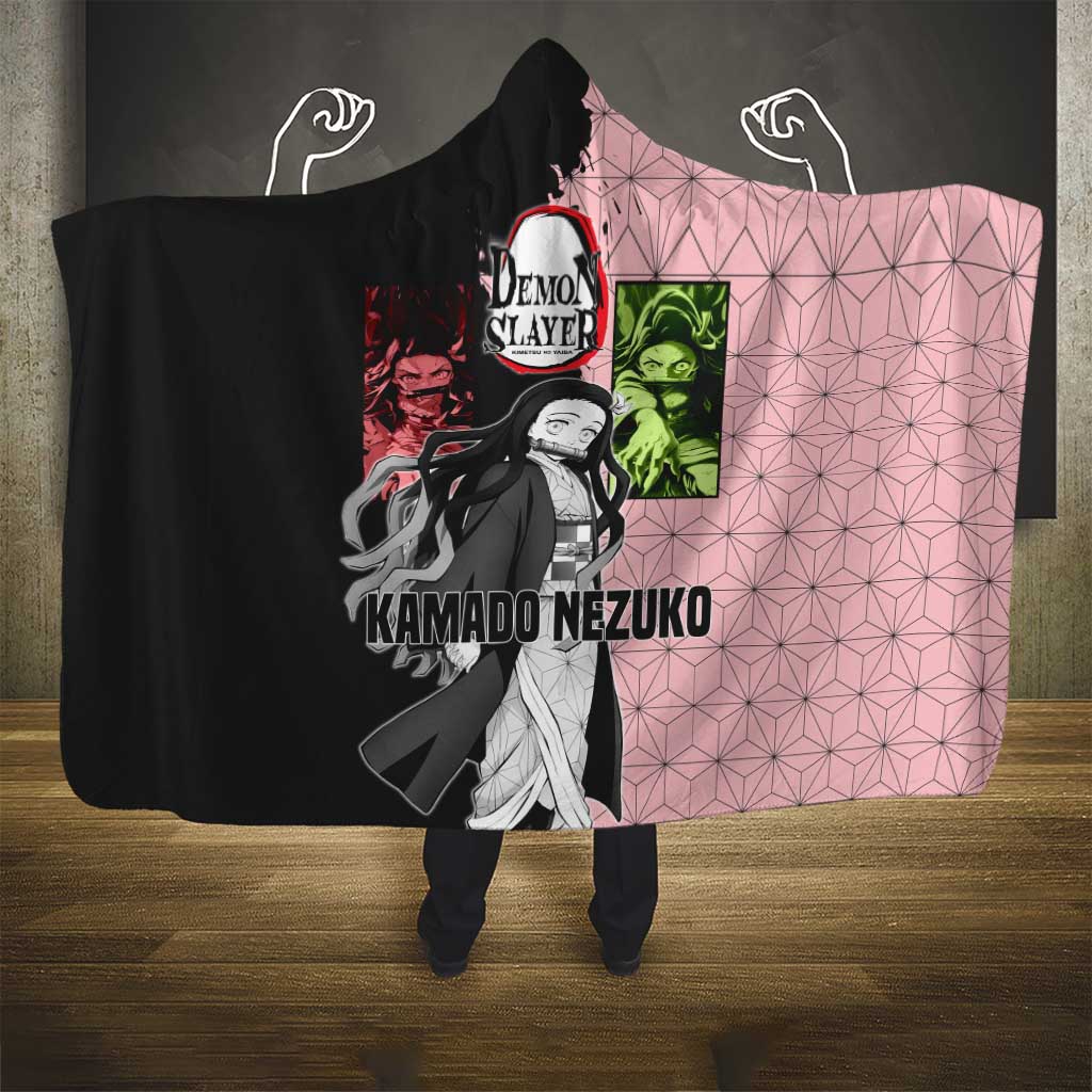 Nezuko Kamado from Demon Slayer Hooded Blanket with Pink Pattern Kimono and Demon Form Flames Design - The Mazicc