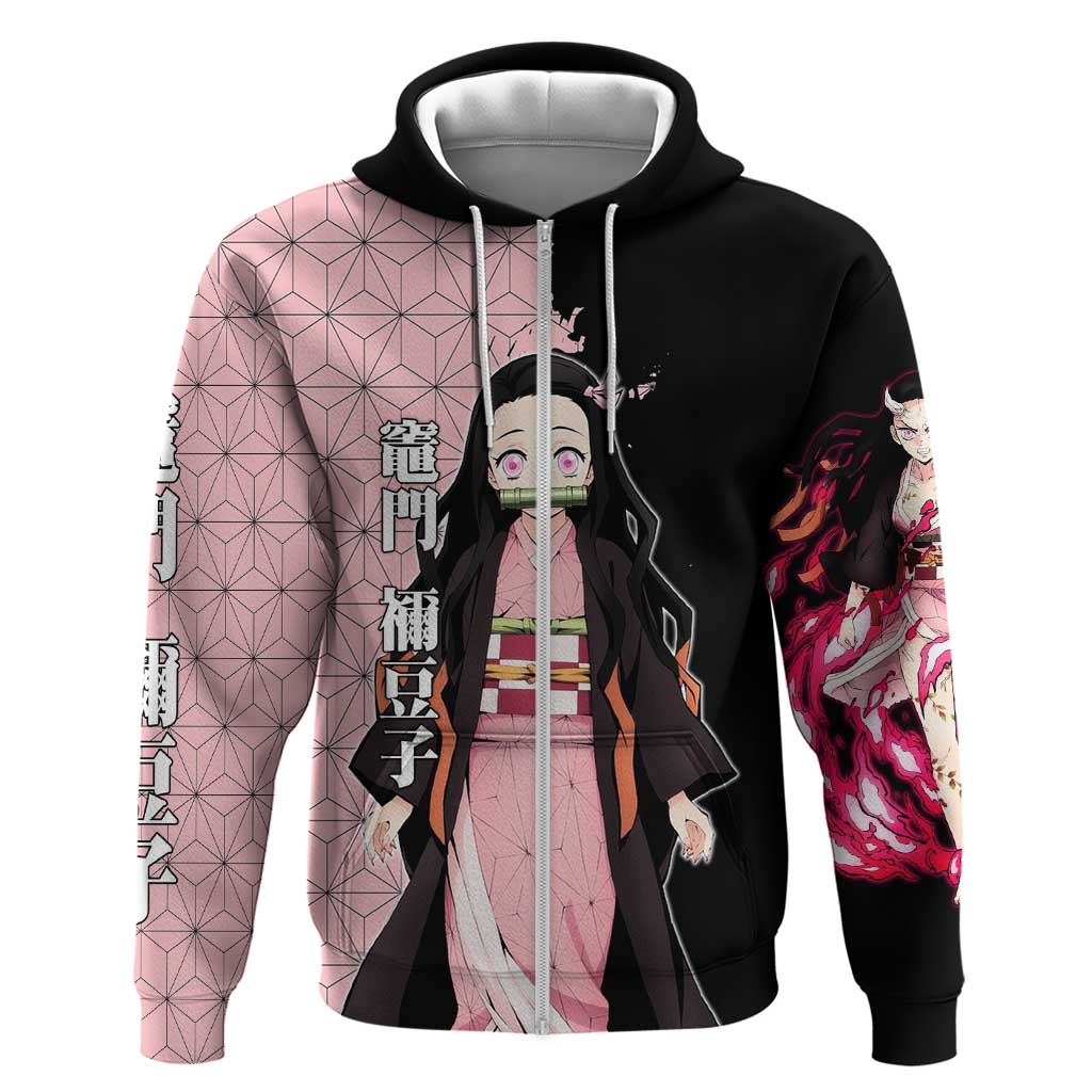 Nezuko Kamado from Demon Slayer Hoodie with Pink Pattern Kimono and Demon Form Flames Design - The Mazicc
