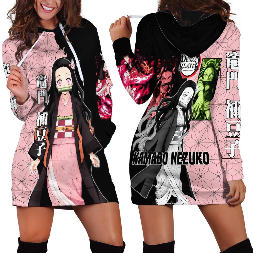 Nezuko Kamado from Demon Slayer Hoodie Dress with Pink Pattern Kimono and Demon Form Flames Design - The Mazicc