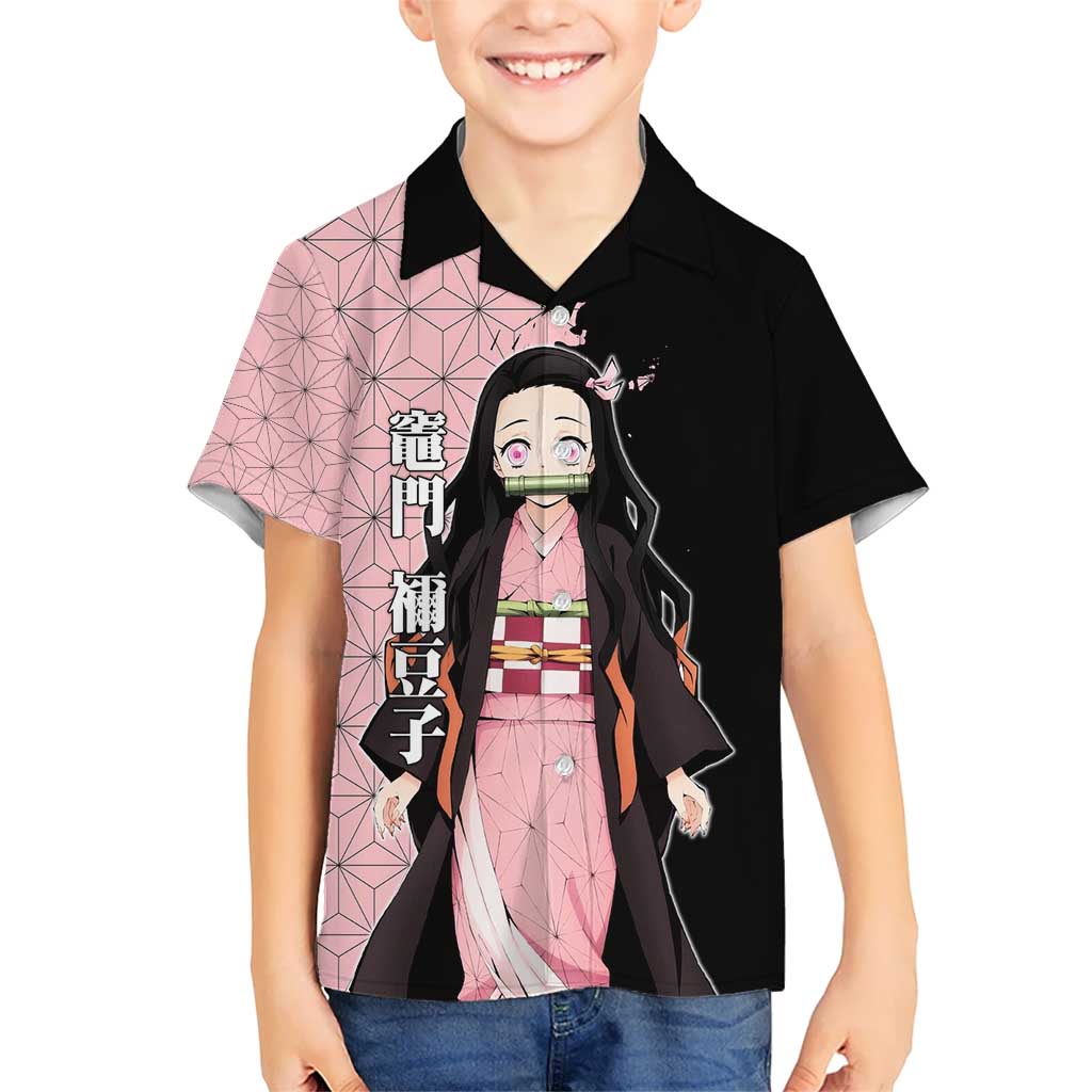 Nezuko Kamado from Demon Slayer Kid Hawaiian Shirt with Pink Pattern Kimono and Demon Form Flames Design - The Mazicc