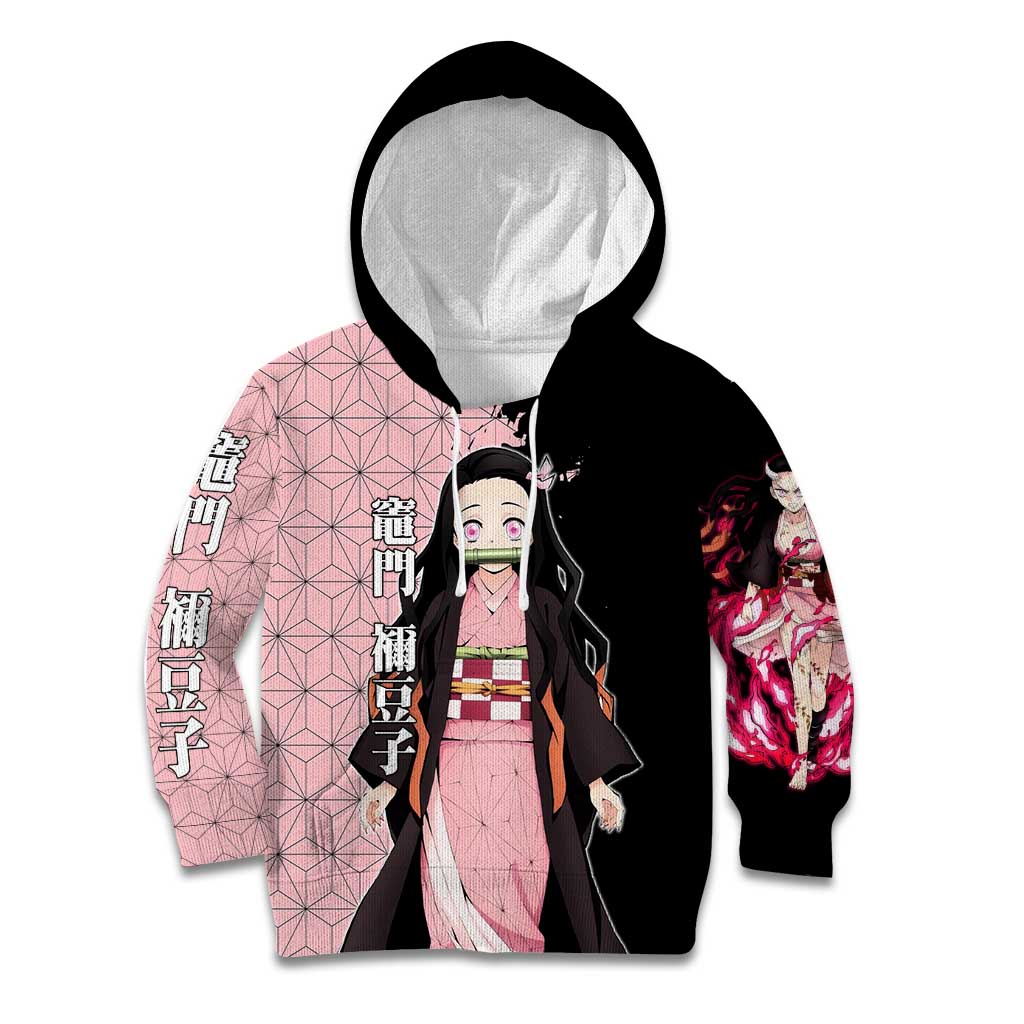 Nezuko Kamado from Demon Slayer Kid Hoodie with Pink Pattern Kimono and Demon Form Flames Design - The Mazicc