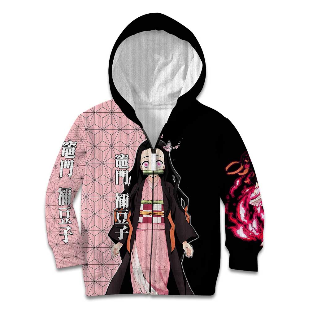 Nezuko Kamado from Demon Slayer Kid Hoodie with Pink Pattern Kimono and Demon Form Flames Design - The Mazicc