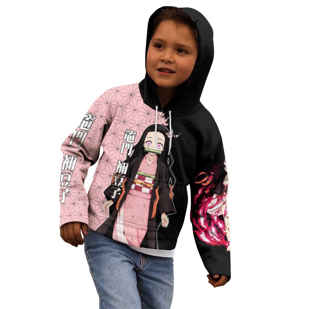 Nezuko Kamado from Demon Slayer Kid Hoodie with Pink Pattern Kimono and Demon Form Flames Design - The Mazicc
