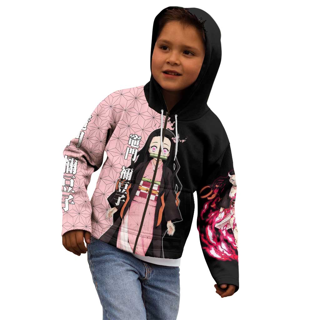 Nezuko Kamado from Demon Slayer Kid Hoodie with Pink Pattern Kimono and Demon Form Flames Design - The Mazicc