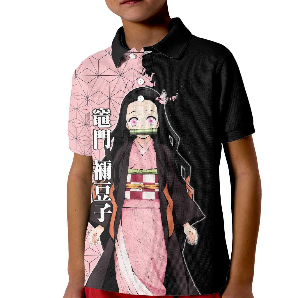 Nezuko Kamado from Demon Slayer Kid Polo Shirt with Pink Pattern Kimono and Demon Form Flames Design - The Mazicc