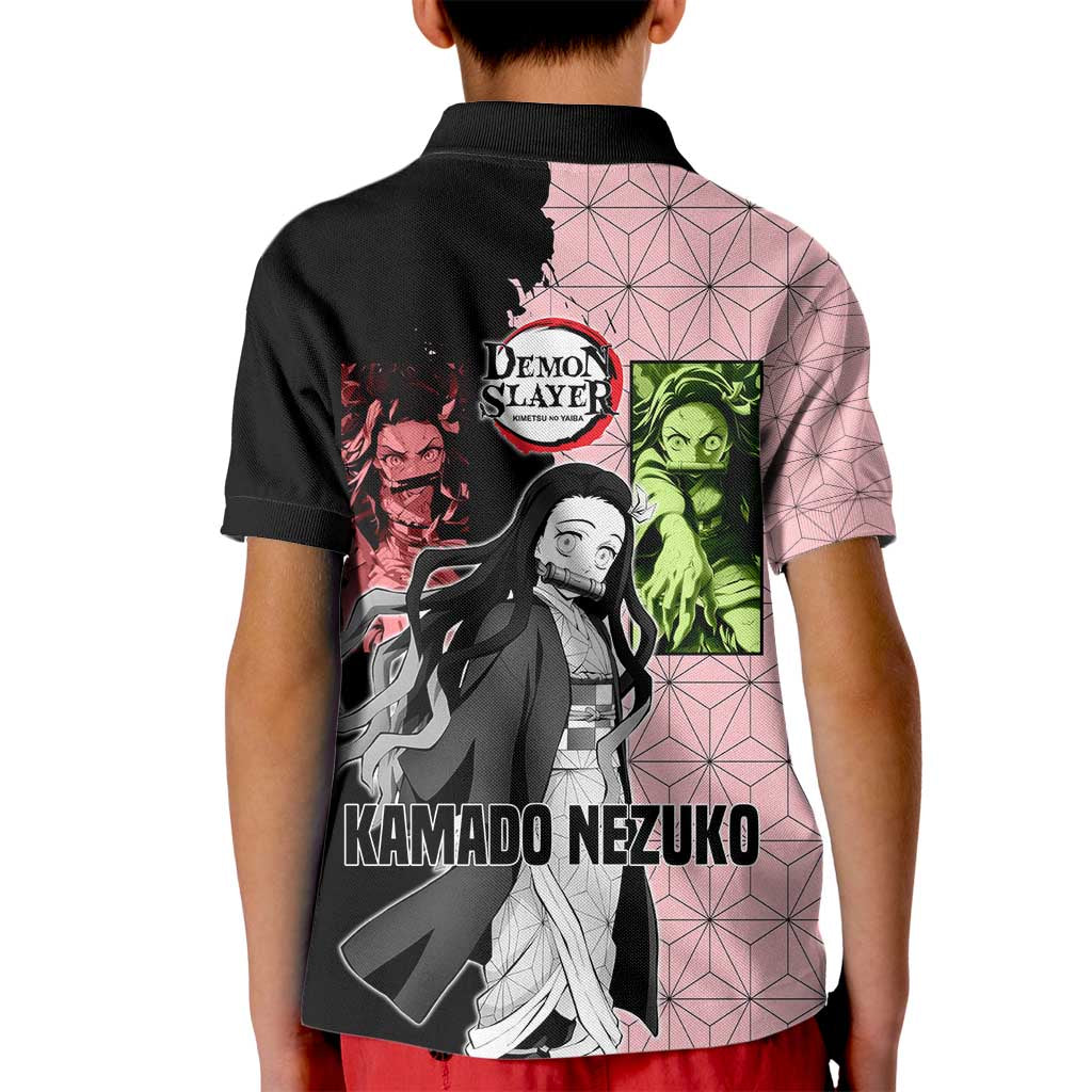Nezuko Kamado from Demon Slayer Kid Polo Shirt with Pink Pattern Kimono and Demon Form Flames Design - The Mazicc