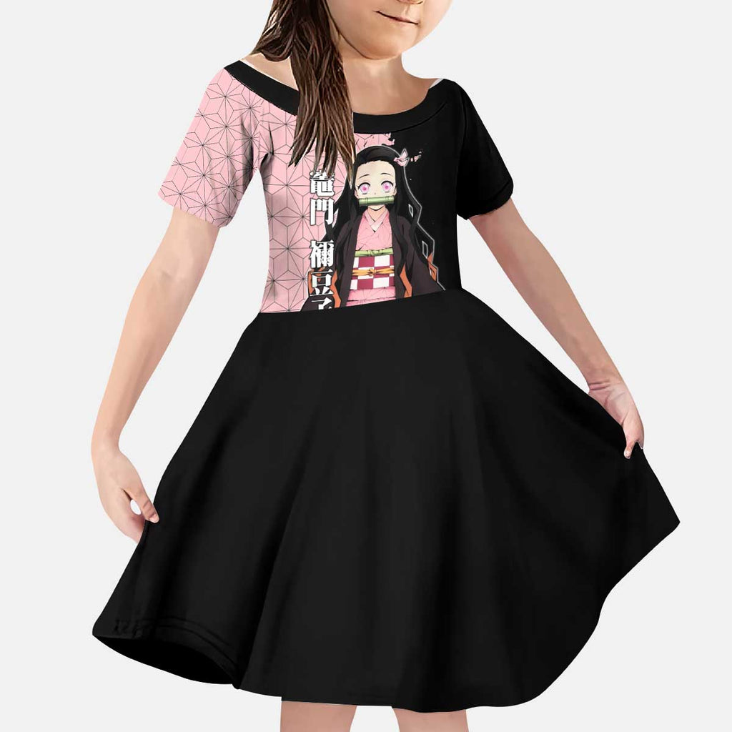 Nezuko Kamado from Demon Slayer Kid Short Sleeve Dress with Pink Pattern Kimono and Demon Form Flames Design - The Mazicc