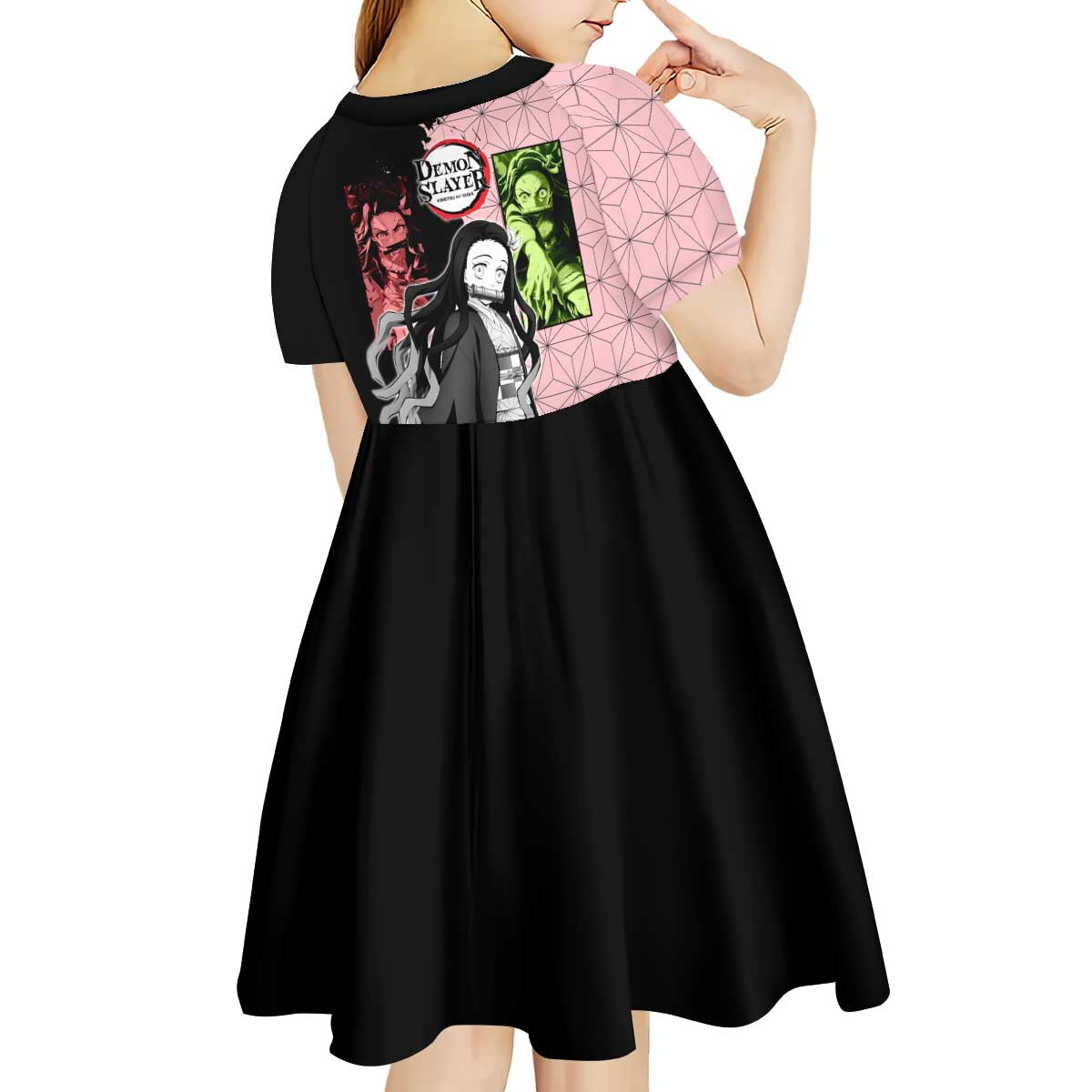 Nezuko Kamado from Demon Slayer Kid Short Sleeve Dress with Pink Pattern Kimono and Demon Form Flames Design - The Mazicc