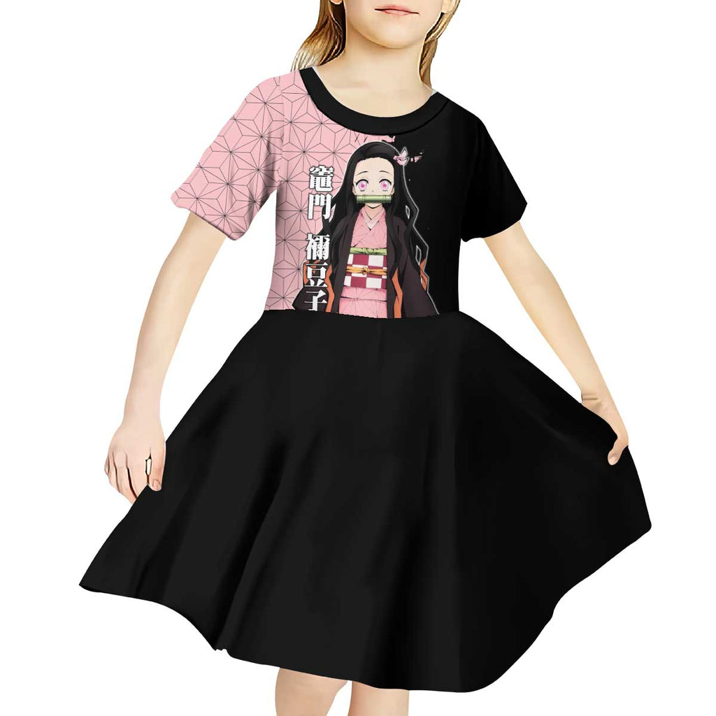 Nezuko Kamado from Demon Slayer Kid Short Sleeve Dress with Pink Pattern Kimono and Demon Form Flames Design - The Mazicc