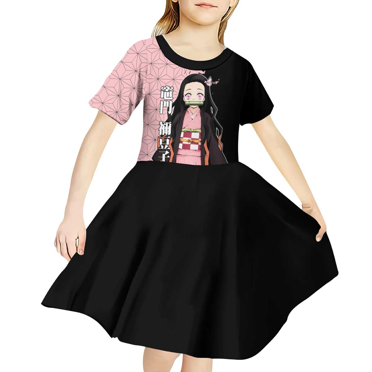 Nezuko Kamado from Demon Slayer Kid Short Sleeve Dress with Pink Pattern Kimono and Demon Form Flames Design - The Mazicc