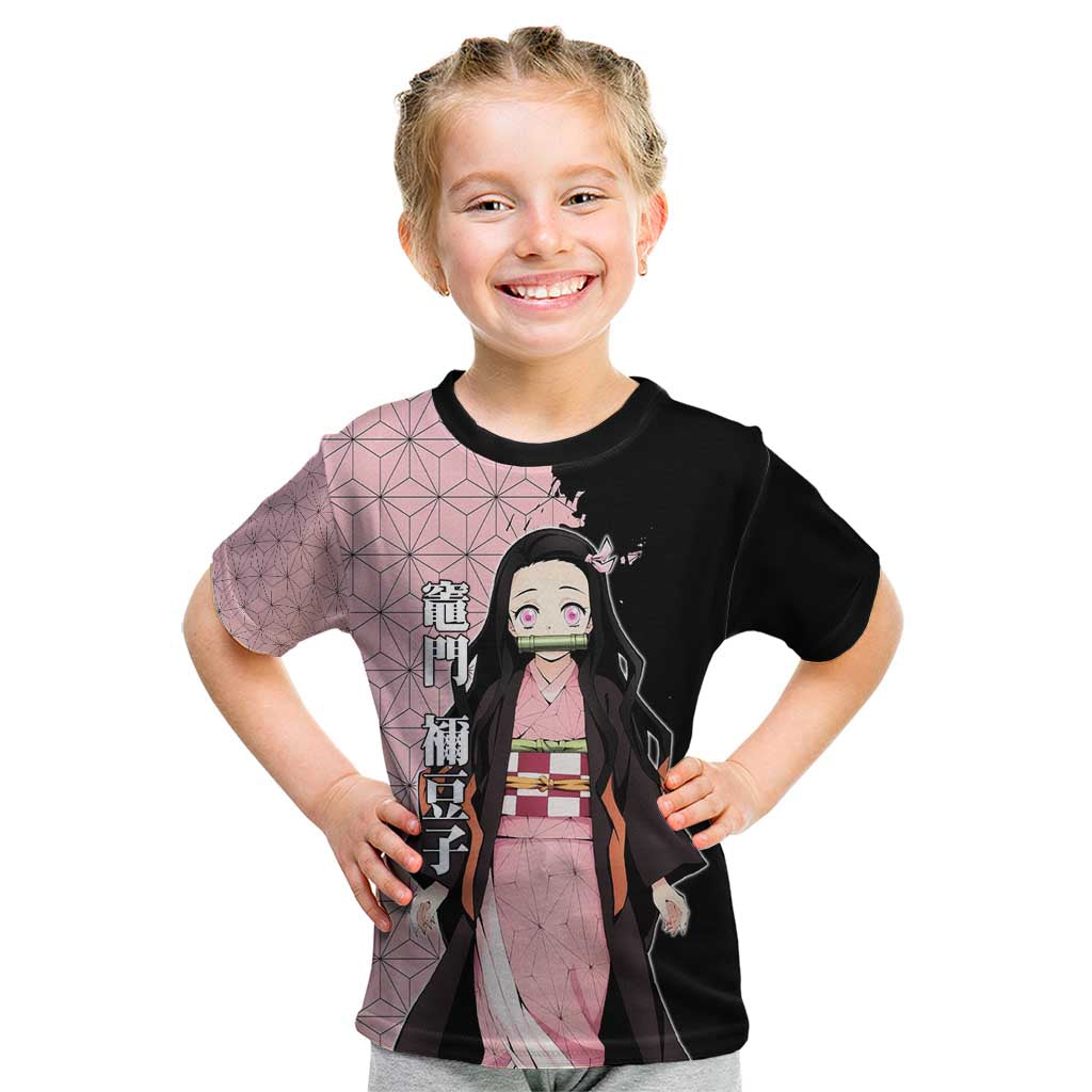 Nezuko Kamado from Demon Slayer Kid T Shirt with Pink Pattern Kimono and Demon Form Flames Design - The Mazicc