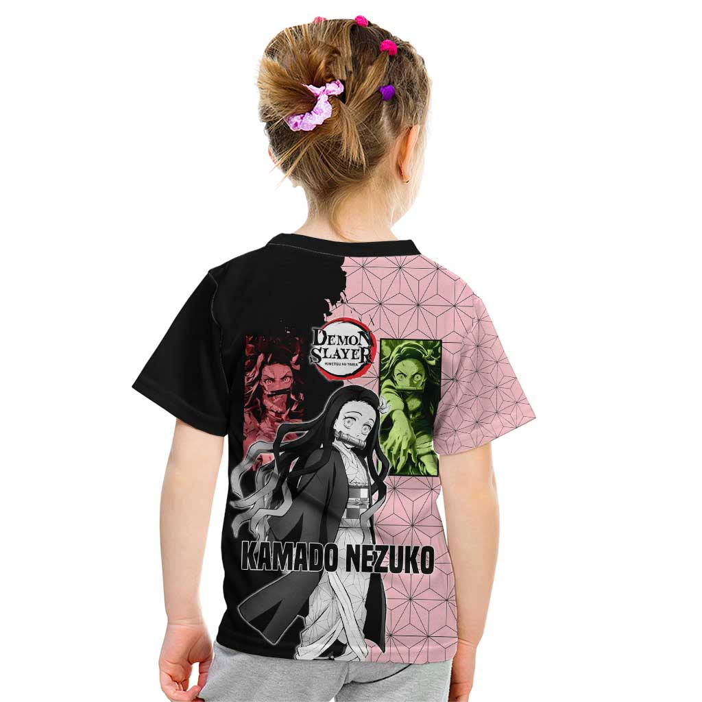 Nezuko Kamado from Demon Slayer Kid T Shirt with Pink Pattern Kimono and Demon Form Flames Design - The Mazicc