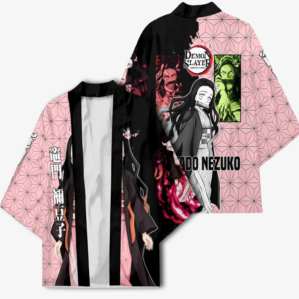 Nezuko Kamado from Demon Slayer Kimono with Pink Pattern Kimono and Demon Form Flames Design - The Mazicc