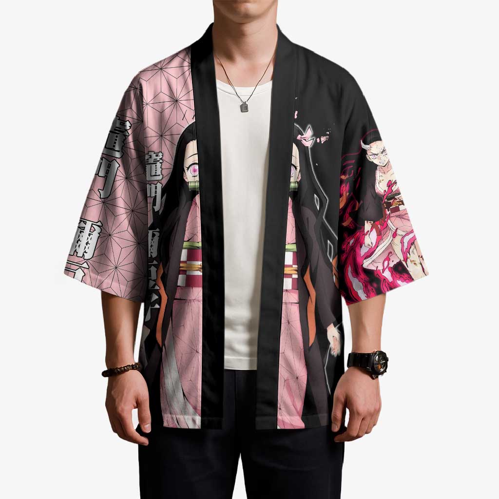 Nezuko Kamado from Demon Slayer Kimono with Pink Pattern Kimono and Demon Form Flames Design - The Mazicc