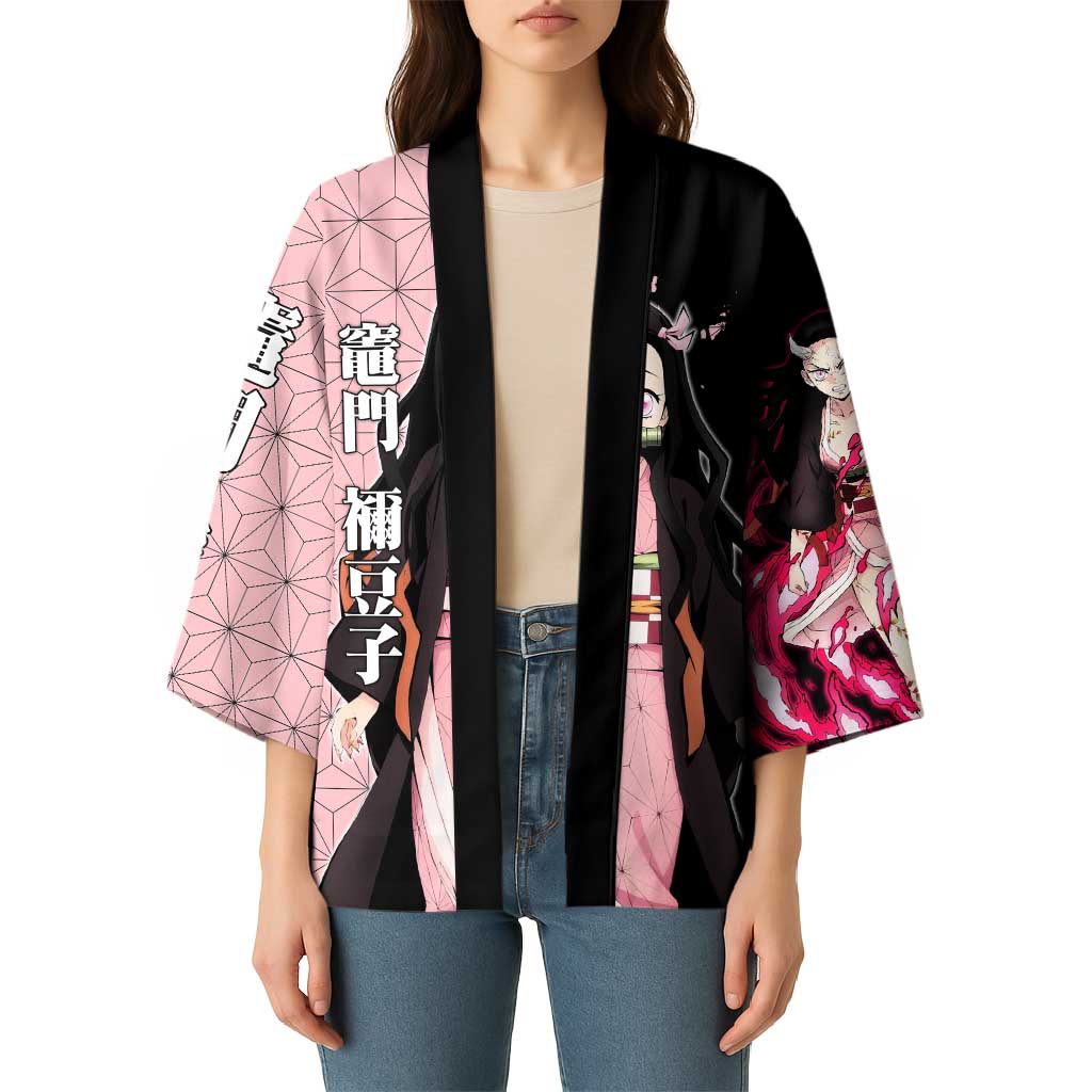 Nezuko Kamado from Demon Slayer Kimono with Pink Pattern Kimono and Demon Form Flames Design - The Mazicc