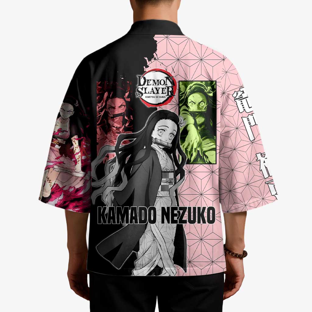 Nezuko Kamado from Demon Slayer Kimono with Pink Pattern Kimono and Demon Form Flames Design - The Mazicc