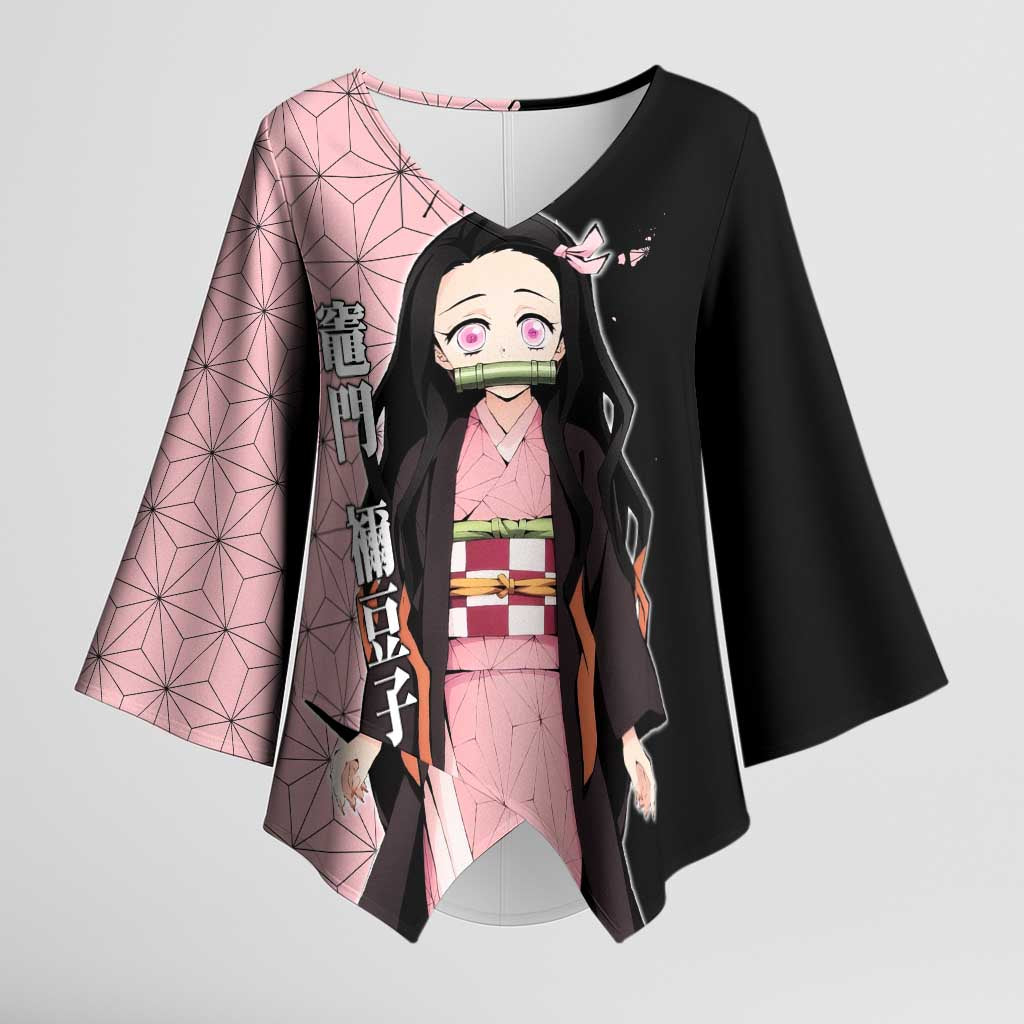 Nezuko Kamado from Demon Slayer Kimono Sleeve Blouse with Pink Pattern Kimono and Demon Form Flames Design - The Mazicc