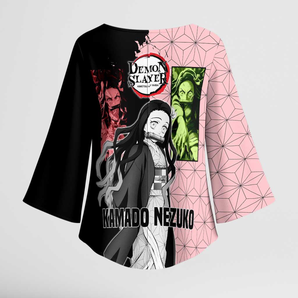Nezuko Kamado from Demon Slayer Kimono Sleeve Blouse with Pink Pattern Kimono and Demon Form Flames Design - The Mazicc