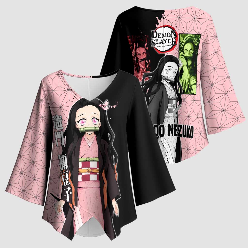 Nezuko Kamado from Demon Slayer Kimono Sleeve Blouse with Pink Pattern Kimono and Demon Form Flames Design - The Mazicc