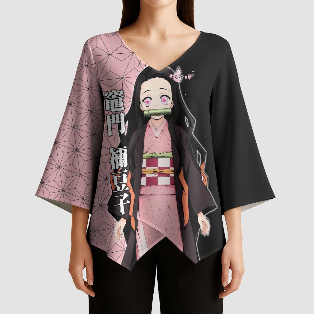 Nezuko Kamado from Demon Slayer Kimono Sleeve Blouse with Pink Pattern Kimono and Demon Form Flames Design - The Mazicc