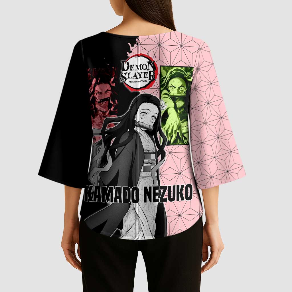 Nezuko Kamado from Demon Slayer Kimono Sleeve Blouse with Pink Pattern Kimono and Demon Form Flames Design - The Mazicc