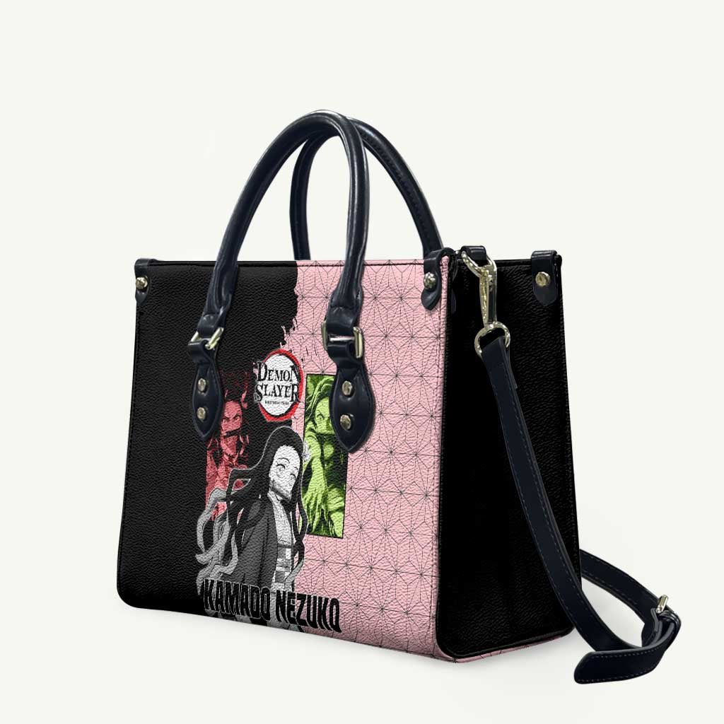 Nezuko Kamado from Demon Slayer Leather Bag with Pink Pattern Kimono and Demon Form Flames Design - The Mazicc